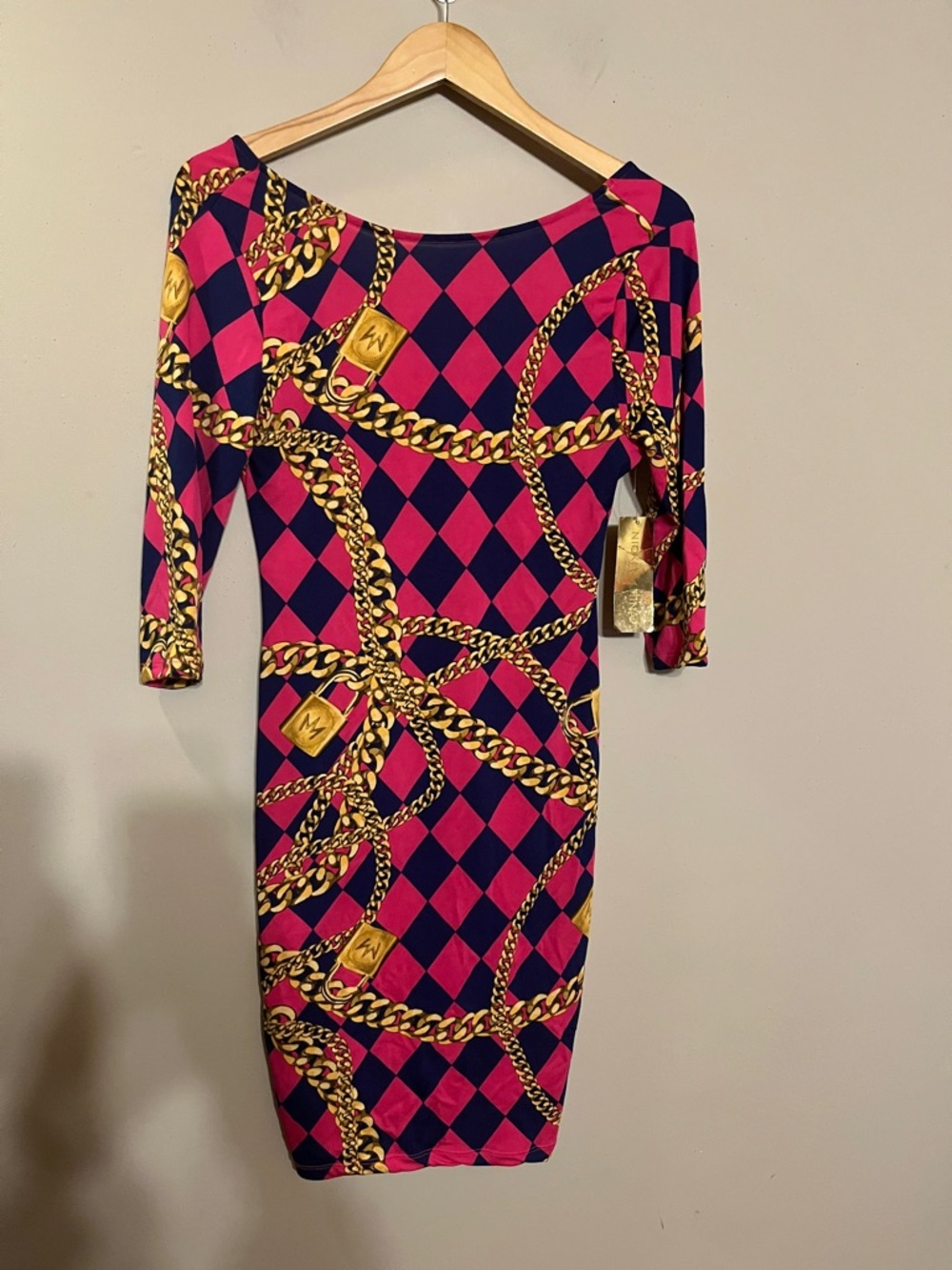 Nicki Minaj Pink, Navy & Gold Chain-Print Midi Dress